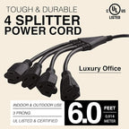 4 Way Power Splitter - 1 to 4 Extension Cord Splitter, 6' Long Extension Cord, Outlet Splitter 3 Prong, Power Strip Outlet Plug, Y Style Extension Cord, Black, SJT 16 AWG by Luxury Office