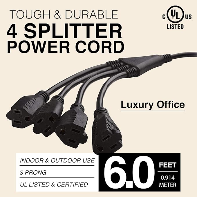 Luxury Office 4 Way Power Splitter - 1 to 4 Outlet Splitter, 6' Long Extension Cord, 3 Prong Plug, Black, SJT 16 AWG