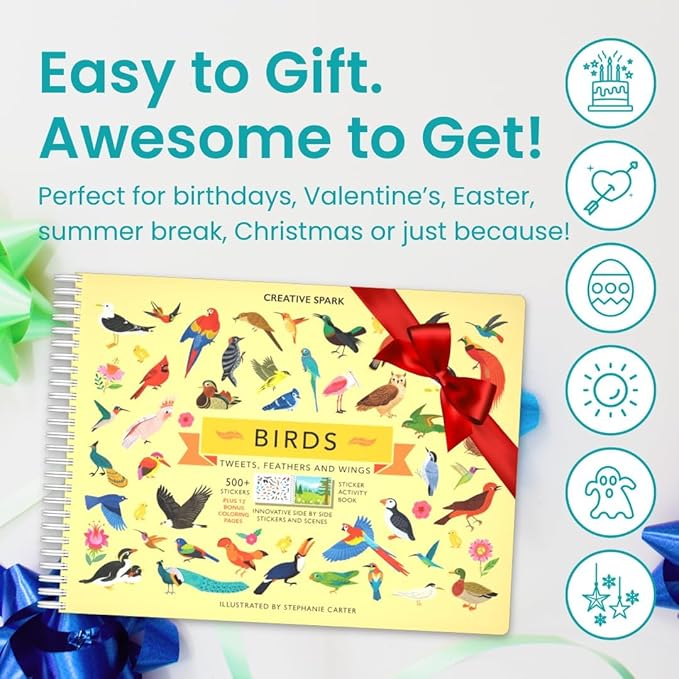 Cupkin Bird Sticker Book Activity for Kids, Toddler Airplane Travel Essentials, 500+ Parrot Stickers + 12 Scenes + 12 Coloring Book Pages, Bird Lover Kids Gift, Kid Crafts for Ages 2–8 Years