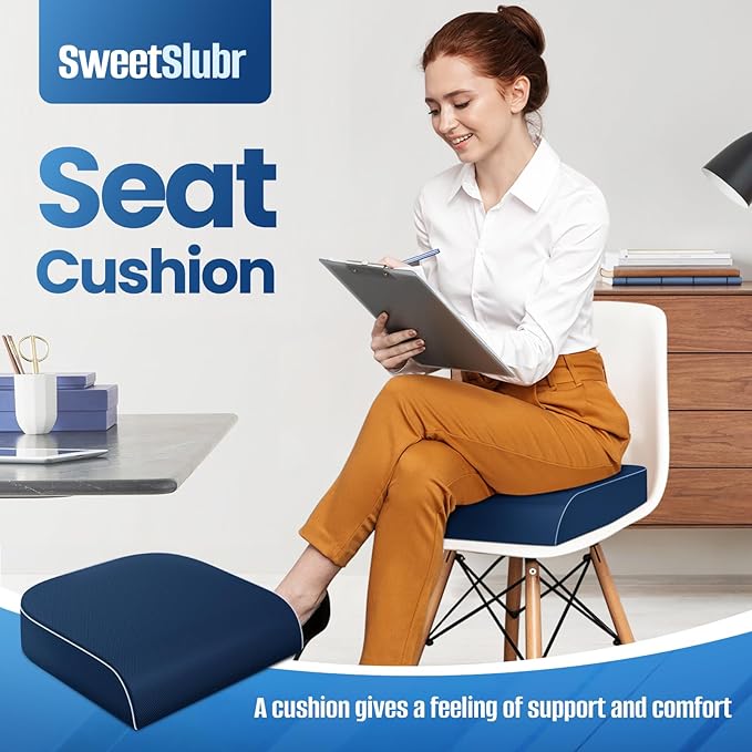 SweetSlubr Seat Cushion for Tailbone Pain Relief, Office Chair Cushion, Memory Foam Large Chair Cushion with Non-Slip Cover for Soft Support at Office Chair, Car Seat, Airplane Drak Blue/2X-Large