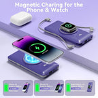 Magnetic 10000mAh Portable Charger for iWatch & iPhone, PD Fast Charging Wireless Power Bank Built-in Cables and Wall Plug, External Travel Battery Pack Compatible with iOS Android Phones
