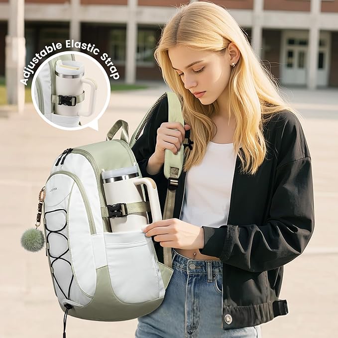 LOVEVOOK Mens Backpack with Giant Tumbler Holder Pocket,17 Inch Everyday Laptop Backpack Commuter Travel Work Computer Bag for Women,Casual Hiking College Teacher Back Pack Daypack,White-Bean Green
