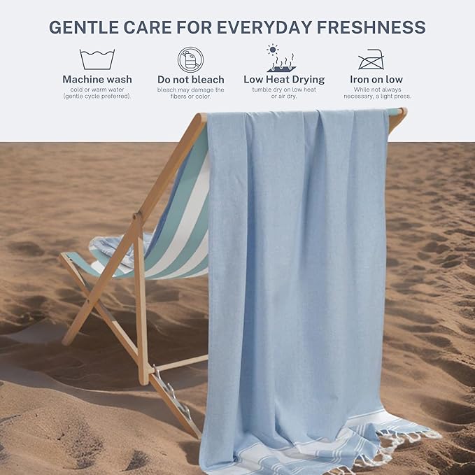 Cotton Turkish Beach Towel with Towels Oversized 36"x72" Pool Absorbent Extra Large Quick Dry Sand Travel Towel (Sky Blue, 4 Pack)