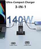 140W USB C Laptop Charger Block, Foldable 3-Port GaN Fast Charger, Type C Charging Block, Fast Charging Adapter for MacBook Pro/Air, iPad, iPhone, Samsung Galaxy (Grey)