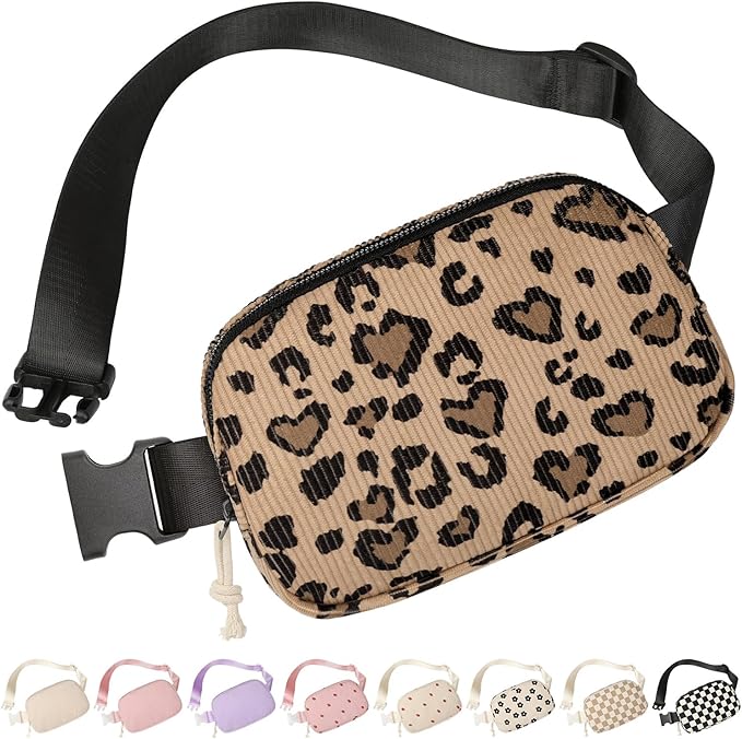 Vankor Cute Leopard Fanny Packs for Women Cross Body Corduroy, Leopard Belt Bag for Women Crossbody Stylish Waist Pack Purse for Travel, Hiking, Workout, Running