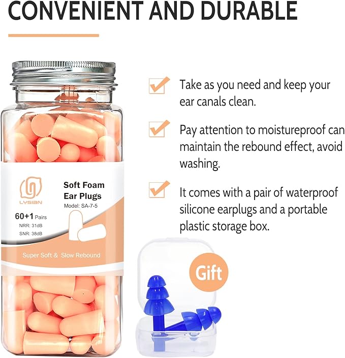 LYSIAN Ultra Soft Foam Ear Plugs for Sleeping Noise Cancelling - 38dB Noise Reduction Earplugs for Snoring, Work, Shooting (Beige Color)