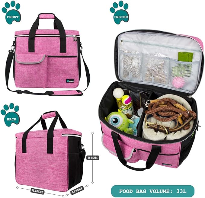 PetAmi Dog Travel Bag, Travel Pet Bag Organizer, Dog Food Travel Bag with Container Collapsible Bowls, Pet Travel Supplies Gift Accessories for Weekend Camping, Puppy Cat Diaper Bag, Pink Large