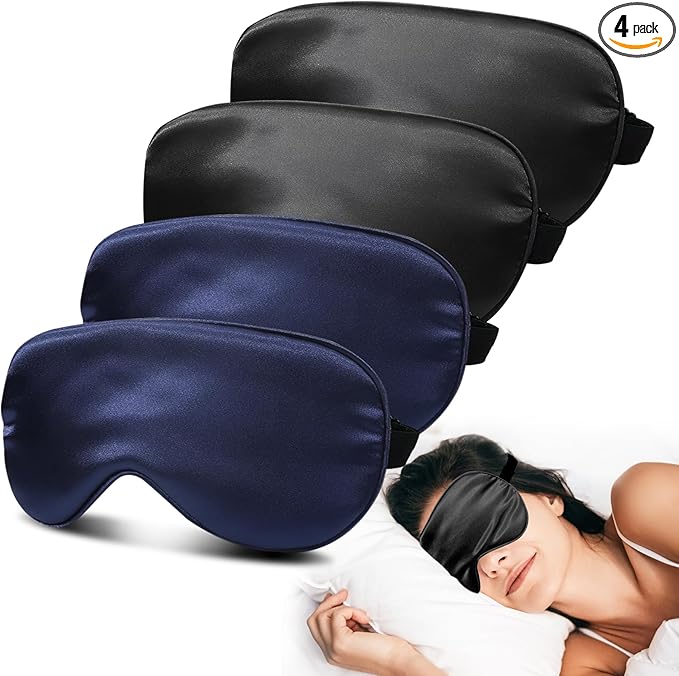 4 Pack Silky Sleep Masks for Women Men, JroyJoy 100% Blackout and Super Soft for Sleeping with Adjustable Strap, Satin Eye Mask for Side Sleeper, Travel Eye Covers (005 Black*2 pcs & Blue*2 pcs)