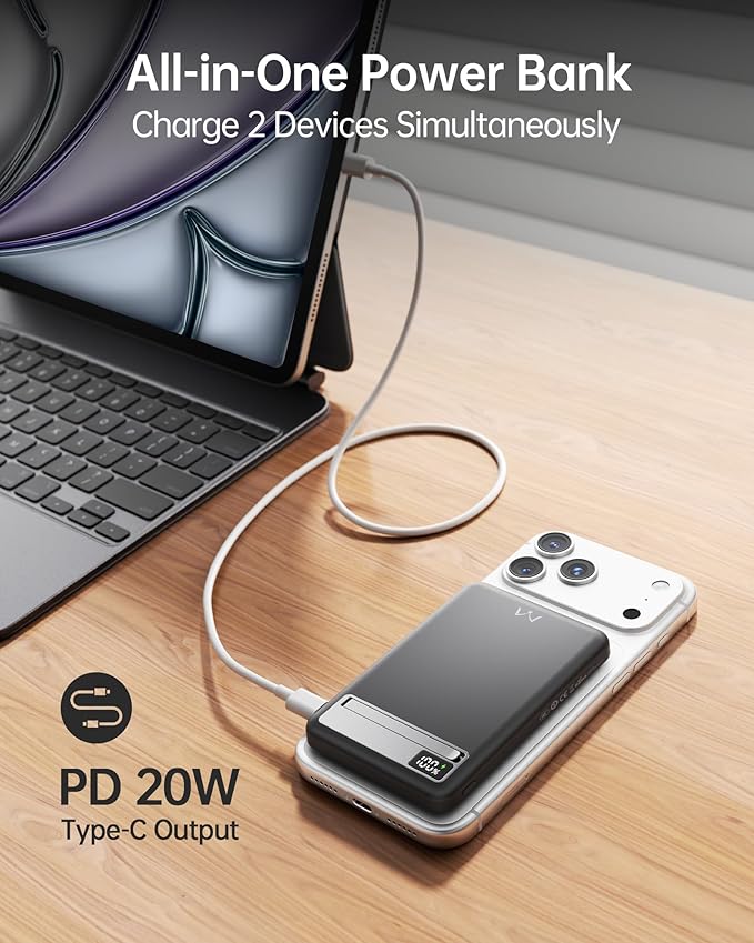 iWALK Magnetic Wireless Power Bank 10000mAh, Slim Portable Charger with 20W PD Cable Fast Charging, Metal Kickstand, LED Display, MagSafe Compatible Battery Pack for iPhone 17/16/15/14/13/12 Series