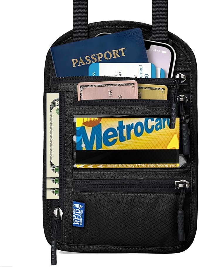 Neck Wallet with RFID Blocking - Hidden Travel Passport Holder Pouch | Concealed Under Clothing, Anti-Theft Security | Adjustable & Lightweight for Vacation, Airports