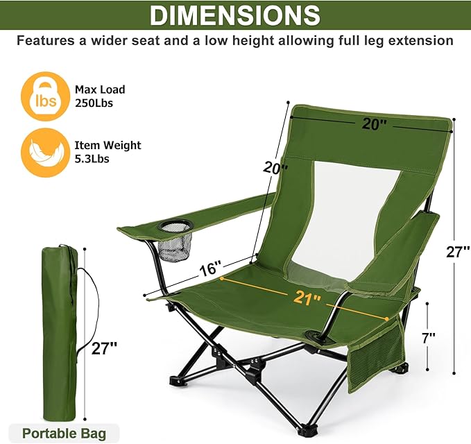 Joyfair Beach Camping Chair (2 Pack), Outdoor Folding Lawn Chair for Adults, Heavy Duty Portable Chair with Armrest for Outside Fishing, Sport, Patio, Cup Holder & Storage Pocket, Carry Bag (Green)