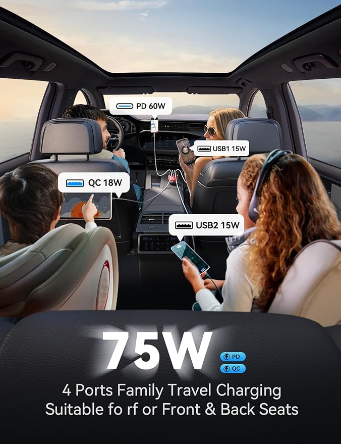 75W Car Charger USB C, 4 Port Super Fast Cigarette Lighter USB Charger, Type C 60W & QC 3.0 Multiport Car Phone Adapter Accessories for iPhone 17/16/15/14/13/12 Pro Samsung S26 Series, Android, Red