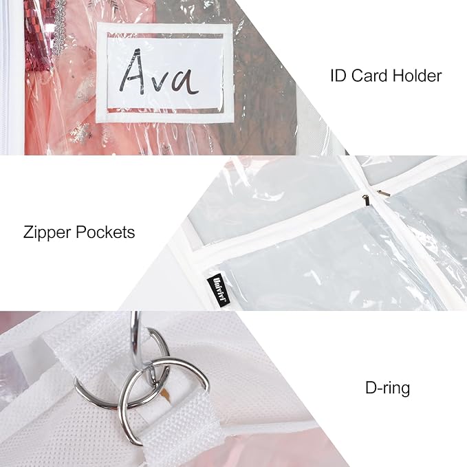 Univivi Clear PVC Dance Costume Garment Bag 40 Inch Hanging Garment Bag for Dance for Kids, with 4 Medium Clear Zipper Pockets and 1 Large Back Zippered Pocket (8 Pack)