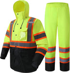 JKSafety Hi-Vis Reflective Safety Rain Jacket and Pants for Men Women Waterproof Rain Gears for Farming Fishing Work HV Rain Suit with Inner Mesh Lining and Pockets (117-Yellow M)