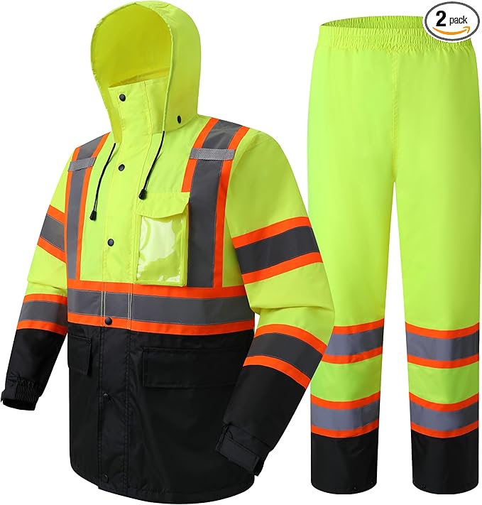 JKSafety Hi-Vis Reflective Safety Rain Jacket and Pants for Men Women Waterproof Rain Gears for Farming Fishing Work HV Rain Suit with Inner Mesh Lining and Pockets (117-Yellow 3XL)