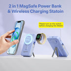 Magnetic Portable Charger Built-in Cables,10000mAh Fast Charging Wireless Charger Station External Battery Pack Slim Pocket Size Power Bank with Stand Compatible with iWatch, iPhone