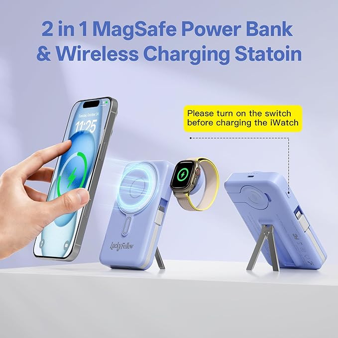 Magnetic Portable Charger Built-in Cables,10000mAh Fast Charging Wireless Charger Station External Battery Pack Slim Pocket Size Power Bank with Stand Compatible with iWatch, iPhone