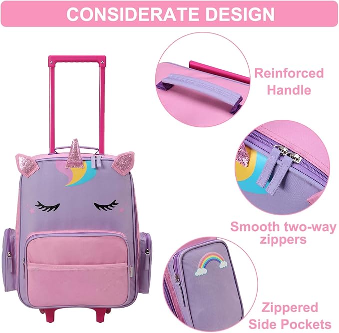 VASCHY Rolling Luggage for Kids, Cute Travel Carry on Suitcase for Girls/Toddlers/Children with Wheels 18inch Unicorn