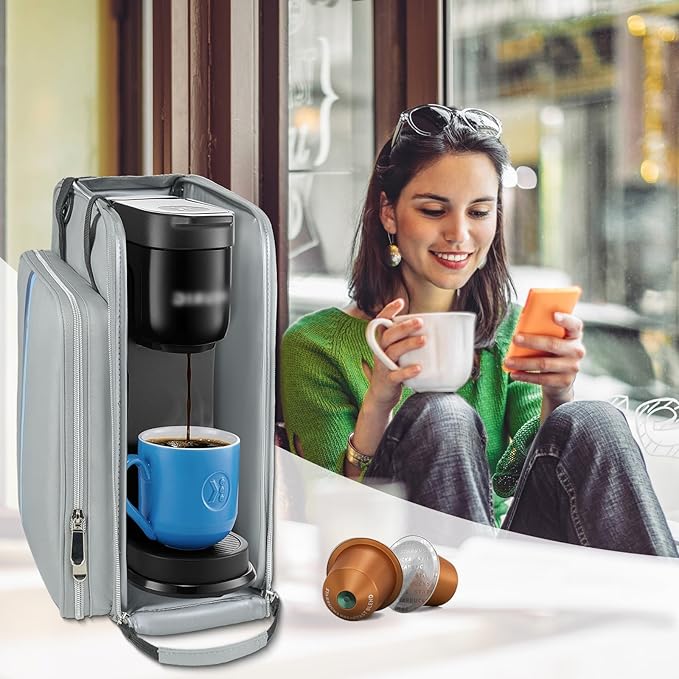 Coffee Maker Travel Bag Compatible with Keurig K-Mini,Single Serve Coffee Brewer Carrying Case Compatible for K-Mini Plus with Multiple Pockets for K-Cup Pods,Grey(Bag Only)