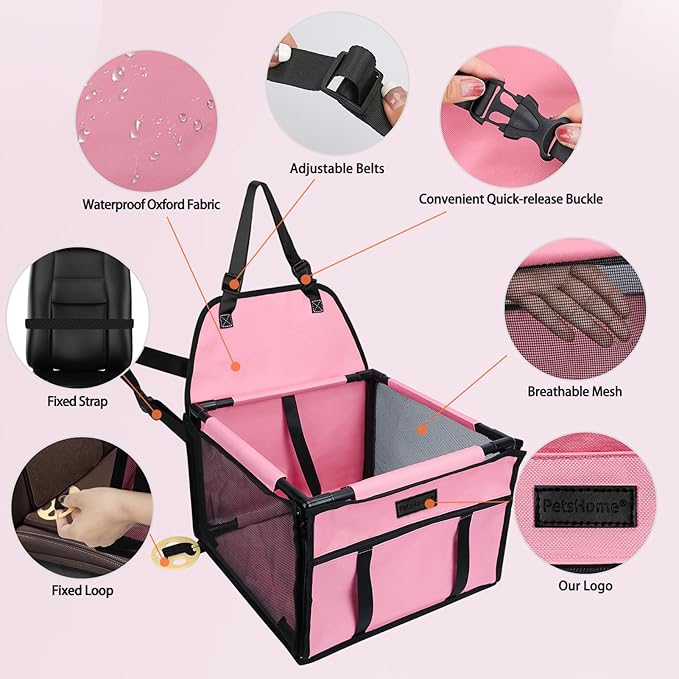 Dog Car Seat Foldable Dog Car Booster Seat Waterproof Breathable Oxford Travel Bag for Small to Medium Dogs, Puppies, and Pets-Pure Pink-Upgrade