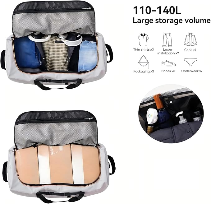 Rolling Duffle Bag with Wheels,110L/140L Expandable Soft-Sided Foldable Duffle Bag with 2 Rubber Wheels,Packable 32” Rolling Carry-On with Multi-Pockets & Compartments (Grey)