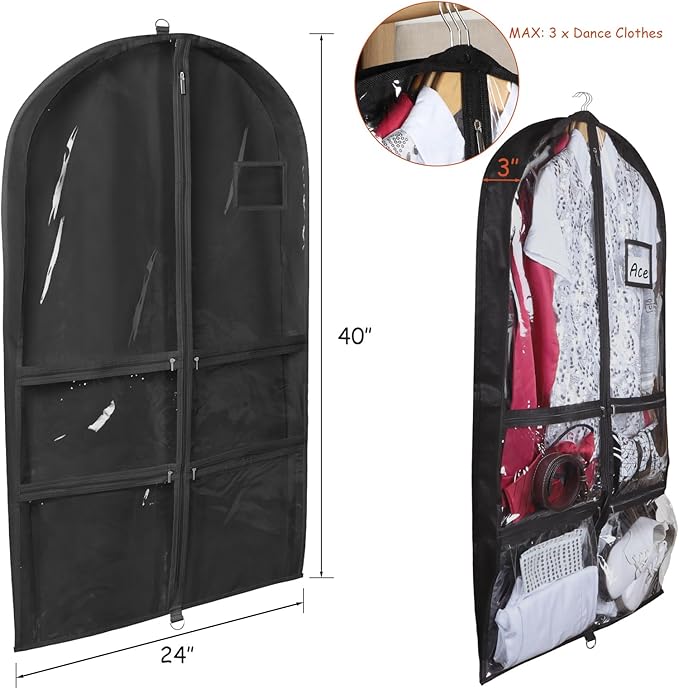 Syeeiex 3" Gusseted Clear Dance Costume Garment Bag, 40'' Dance Garment Bags for Dancers with 4 Zippered Pocket & Can Hold 1-3 Dance Costumes - Suitable for Dance Competitions, Ballet(Black, 2 Pack)