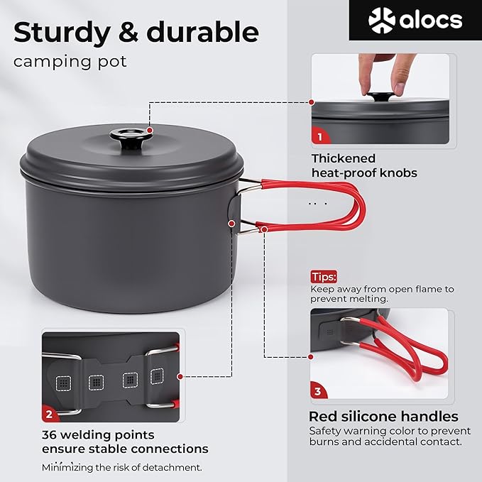 Alocs Camping Cookware Set Camping Gear, Compact Camping Pots and Pans Set, Durable Hard Alumina Camping Cooking Set for Outdoor Backpacking Camping Hiking Picnic, Included Mesh Carry Bag