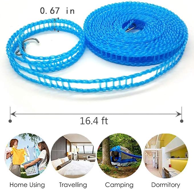 Foshine Clotheslines 3Pack Blue Pink Green 1.64ft Length Clothes Drying Rope Portable Windproof 5m Clothesline for Camping Travel Indoor Outdoor Laundry Clothes Line