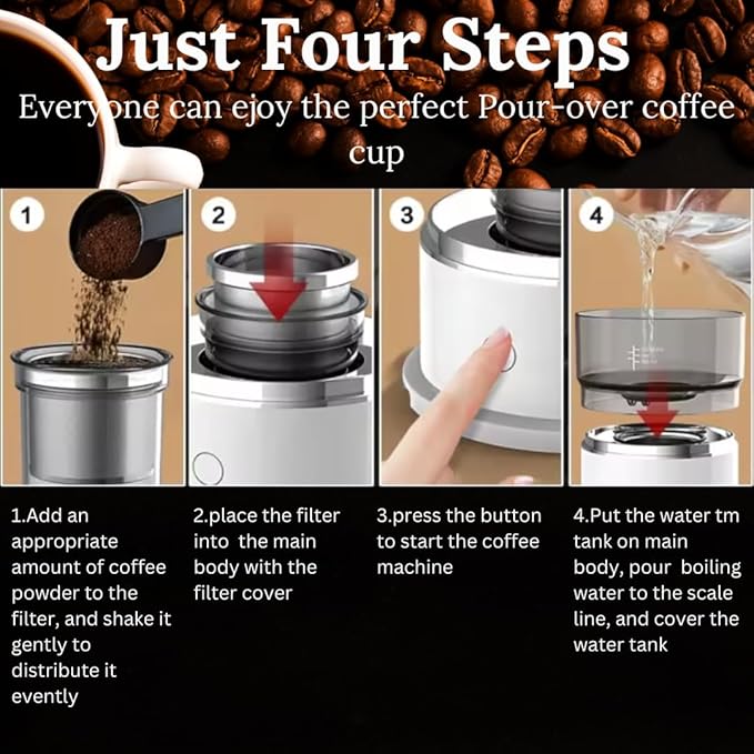 Generic BrewMatic-Smart Automatic Mini Portable Coffee Maker | Single Cup Pour Over Drip Coffee Machine with Filter for Travel, Home, Office, and Kitchen, Small