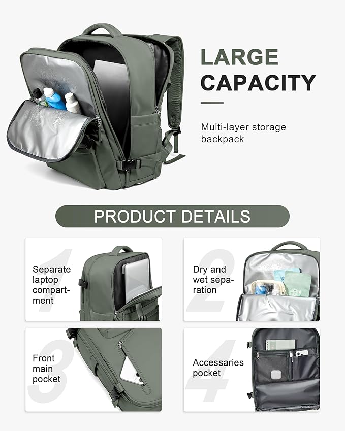 WONHOX Large Travel Backpack Women,Carry On Backpack Flight Approved 18x14x8 inches Bag Spirit Airlines Personal ltem,College Sports Hiking Rucksack Laptop Blackpack mochila de viaje,Green