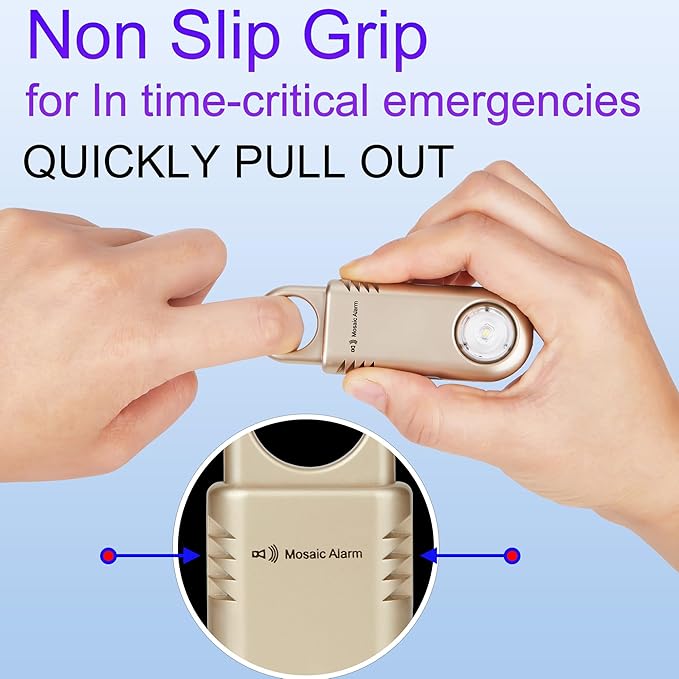 135dB Rechargeable Personal Safety Alarm Built-in Ultra-Bright Flashlight Non Slip Grip Keychain Emergency SOS Siren for Women, Students, Night Runner. Loud Sound Hiking Bear Alerts with Hook. Gold