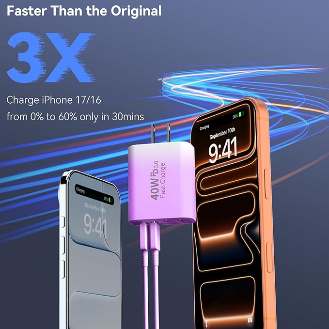 USB C Wall Fast Charger Block, 40W 4-Port Type C Chargers Fast Charging Blocks PD Power Charger Adapter+QC 3.0 USB Multiport Charger Brick for Phone 17/16/15/14/13/12 Pro Max, i-Pad, Galaxy S25-2Pack