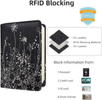 WALNEW Passport Holder for Travel, RFID Passport Cover Wallet for Women Men, PU Leather Passport Book Card Holder Case with Pen (Elastic Band Closure, D-Black Flowers)