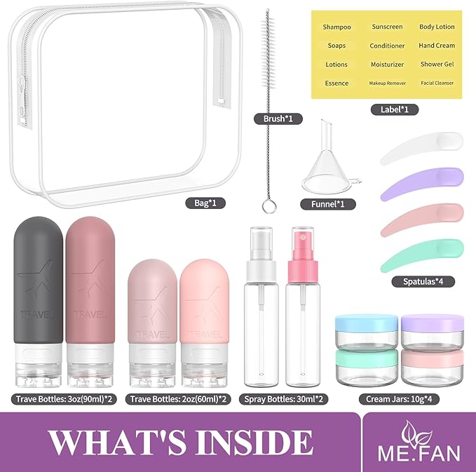 ME.FAN 18 Pack Travel Bottles for Toiletries, TSA Approved Travel Size Containers Set, Silicone Squeezable Portable Split Bottle, Travel Accessories for Conditioner, Shampoo, Lotion - Pink