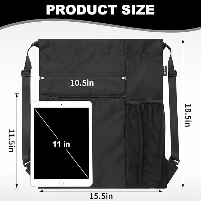 HOLYLUCK Men & Women Outdoor Sport Gym Sack Waterproof Drawstring Backpack Bag (Standard with width webbing, Black-1)