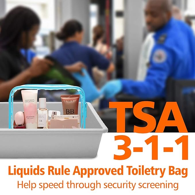 PACKISM Clear Makeup Bag - Waterproof TSA Approved Toiletry Bag Quart Size Bag, Clear Makeup Bags with Zipper, Carry on Airport Airline Compliant Pouch, 3 Pack, Blue