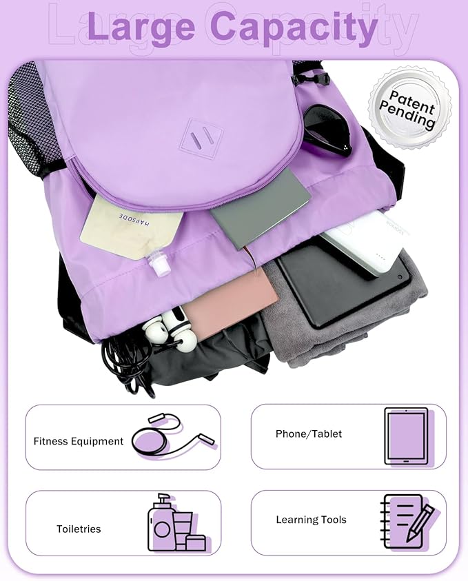 RHDZO Drawstring Backpack Gym Backpack with Shoe Compartment for Men Women String Sports Bag with Wet Pocket Cinch Swim Beach Bag, Large Purple