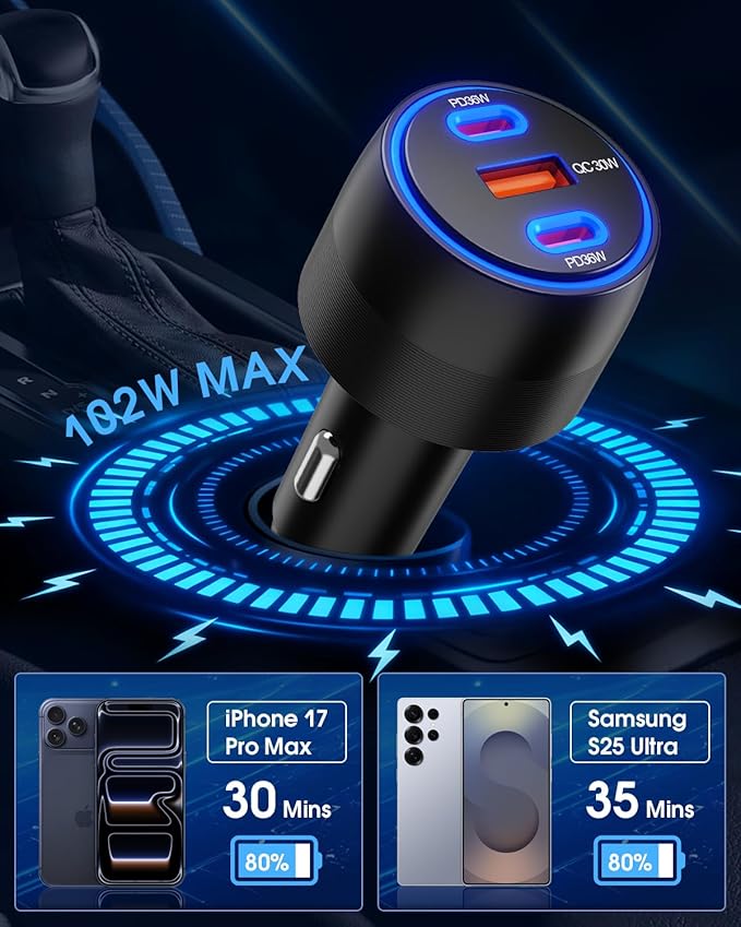 [3 in 1] USB C Car Charger 102W Super Fast Charging Adapter,3-Port PD PPS Car Charger with Ventilation Design, Dual 36W USB-C & 30W USB-A Ports for iPhone 17/16/15/14, Samsung Galaxy, iPad,Laptop