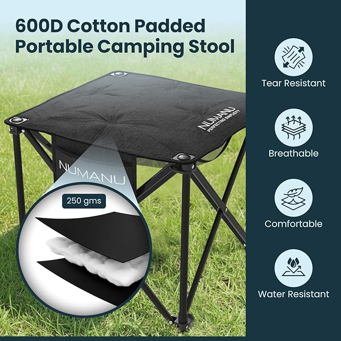 NUMANU 2-Pack Oversized Padded Camping Stool for Adults, Thick Padded 18.5" Heavy Duty Outdoor Camp Chairs with Anti-Slip Feet & Carry Bag, Folding Ottoman Foot Rest for Travel, Max 500lbs