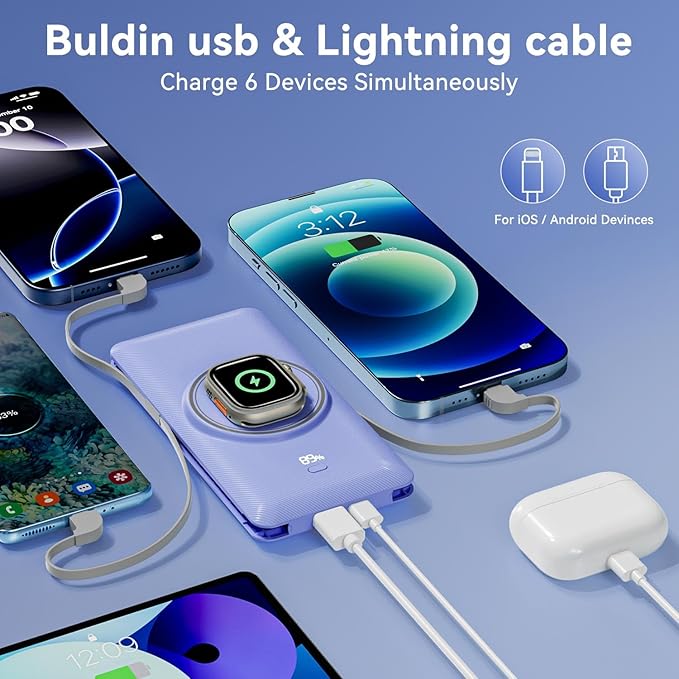 Magnetic 10000mAh Portable Charger for iWatch & iPhone, PD Fast Charging Wireless Power Bank Built-in Cables and Wall Plug, External Travel Battery Pack Compatible with iOS Android Phones