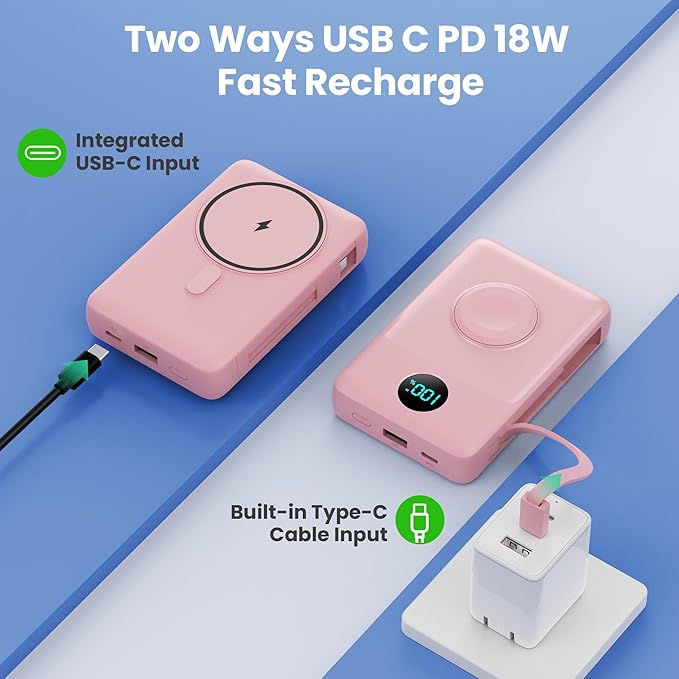 6 in 1 Magnetic Portable Charger for iPhone with Built-in Cables, 10800mAh 25W PD Fast Charging Power Bank, 6 Outputs Travel Essential Battery Pack for iPhone 17/16/15/14/13/12,Apple Watch (Pink)