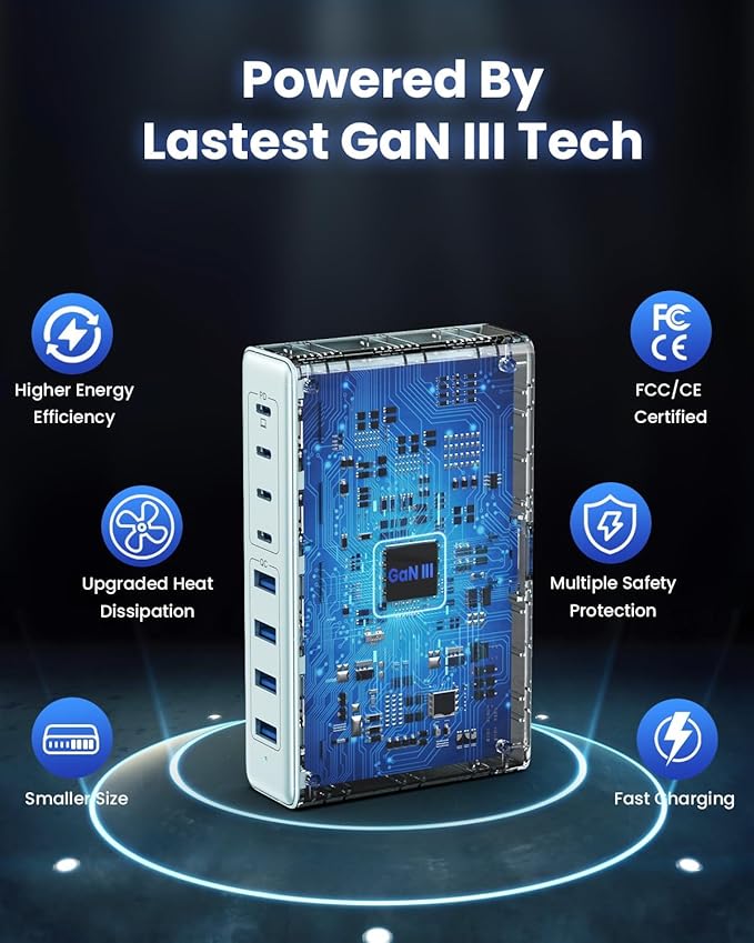 USB C Charger 200W USB C Charger Block,Upgraded GaN III 8-Port Fast Charging Station Hub,PD 65W Laptop Charging Adapter Compatible with MacBook Pro/Air,DELL,Steam Deck,iPhone 16/15/14,Galaxy S23/22