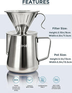 AGOGO Pour Over Coffee Maker Set - Unbreakable 304 Stainless Steel V60 Dripper & Server for Camping & Party, Includes 50 Paper Filters & Barista Towel - Silver - 30oz