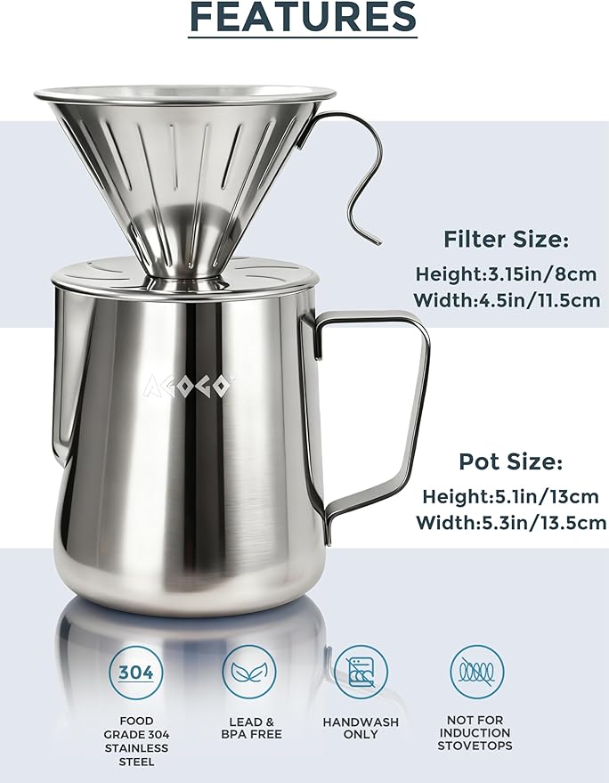 AGOGO Pour Over Coffee Maker Set - Unbreakable 304 Stainless Steel V60 Dripper & Server for Camping & Party, Includes 50 Paper Filters & Barista Towel - Silver - 30oz