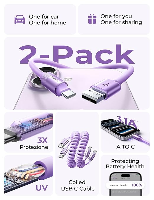 LISEN Coiled USB C Cable, 2 Pack for Android Auto & CarPlay Cable, Short USB A to USB C Cable Compatible with iPhone 17/16/15, Samsung Galaxy S25/S24/S23 A15/A14, Google Pixel 9/8, Purple 4FT