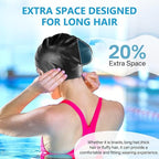 Swim Cap for Long Hair, Silicone Swimming Cap for Adult Women Men with 3D Ear Protection, Waterproof Large Swim Hats Bathing Caps to Keep Hair Dry with Ear Plugs Nose Clip