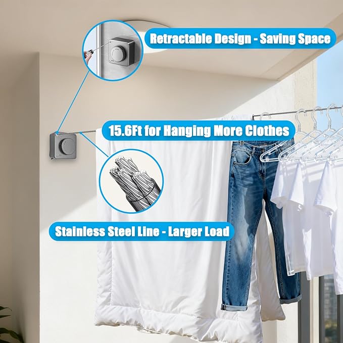 Retractable Clothesline Indoor & Outdoor, 16.2 Feet Stainless Steel Washing Line, Non-Sagging Wall Mounted Heavy Duty Laundry Line, Easy Installation Space-Saving Clothing Dry Rack (Gray)