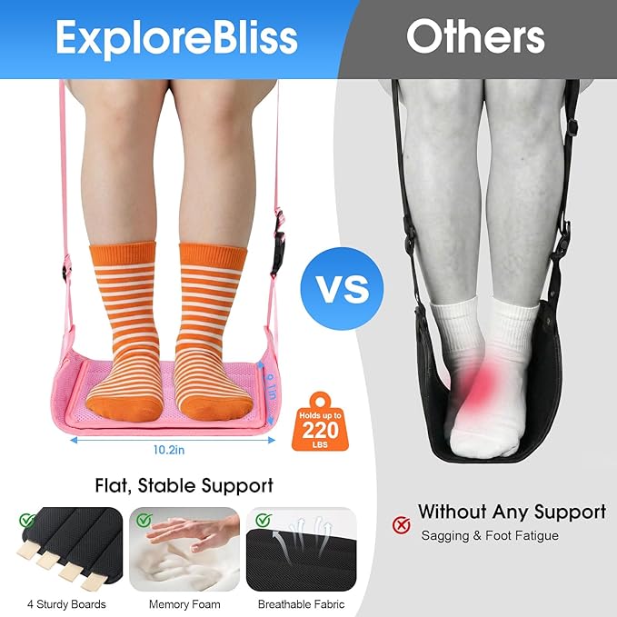 2 Pack Airplane Foot Rest - Lightweight Foot Hammock for Plane Travel with Adjustable Strap & Thick Board, Tray Table Under Desk Footrest to Relax Feet, Travel Essentials for Long Flights(Pink)