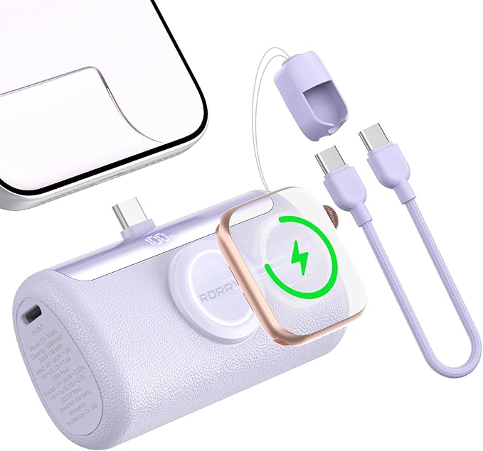 RORRY PalmGo Portable Charger, 10000mAh PD 22.5W Fast Charging Mini Power Bank with Built-in USB C Connector, 3-in-1 Battery Pack for iPhone 17/16/15 Pro/Max, Apple Watch Ultra/11/10/SE, iPad, Purple