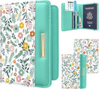 Passport Holder Cover, RFID Travel Wallet Credit Card Holder Green Cute Floral Passport Book Holders for Women with Elastic Band and Golden Metal Decoration, Green Daisy